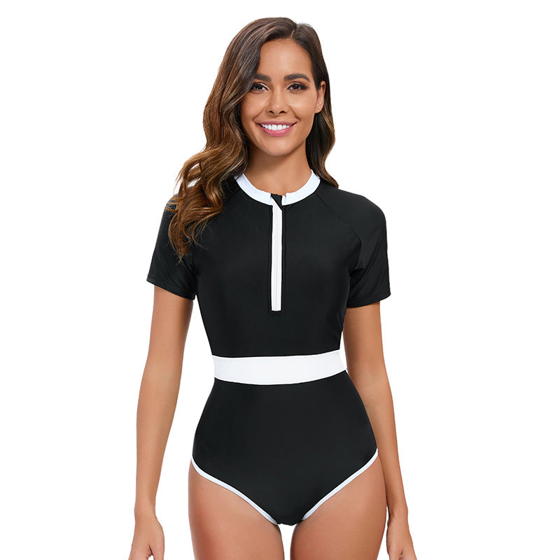 Arrival Color Matching Short Sleeve One Piece Swimsuit Women Sexy Tight Surfing Suit Triangle Swimsuit