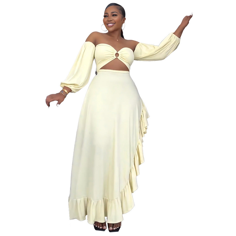 Bandeau Sexy Exposed Cropped Irregular Asymmetric Ruffled Slit Formal Dress Women Dress