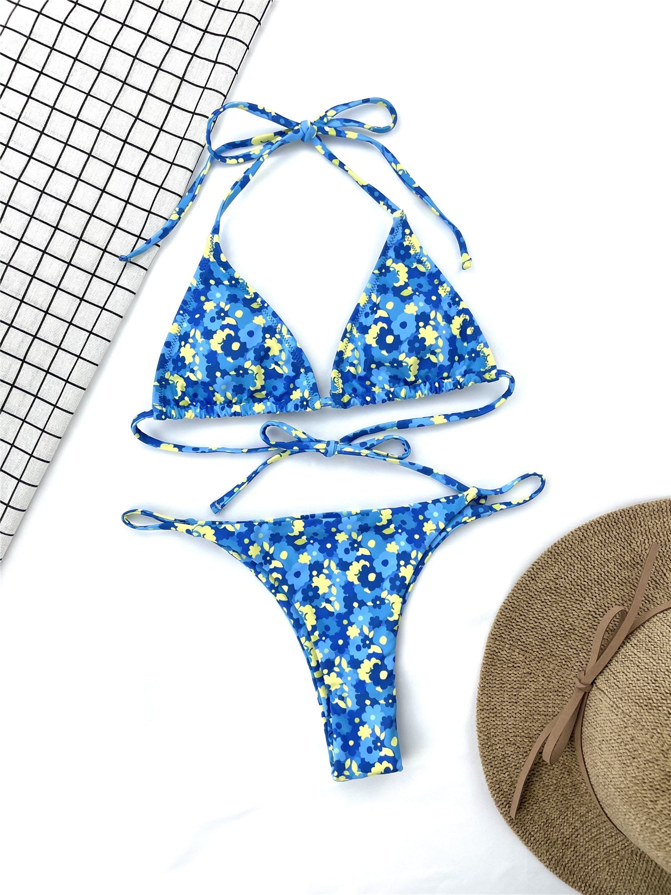 Women Seperated Swimwear Blue Floral Tie-Neck Bikini