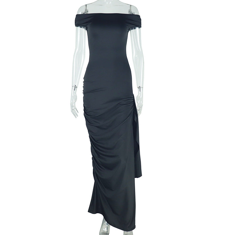 Women Clothing Solid Color Raglan Sleeve Dress Diagonal Collar Casual Ribbon Pullover