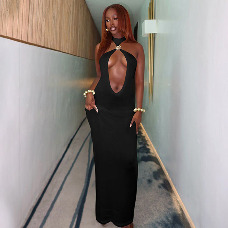 Women Clothing Winter Solid Color Tied Halter Sexy Cutout Slim Fit Dress