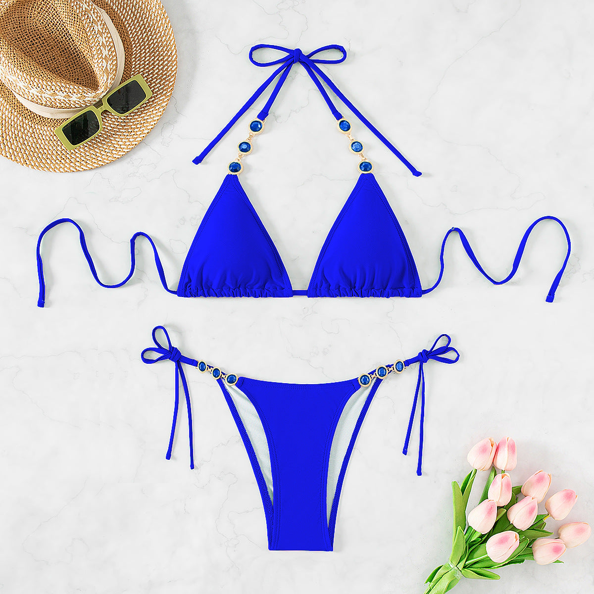 Sexy Sling Split Women Bikini Solid Color Swimsuit Diamond Ornament Halter Two Piece Set