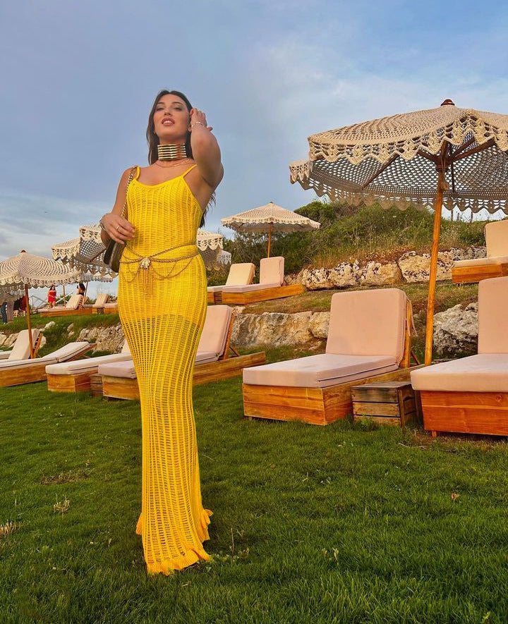 Autumn Winter Sexy Sheath Cutout Sling Ruffled Long Woolen Dress