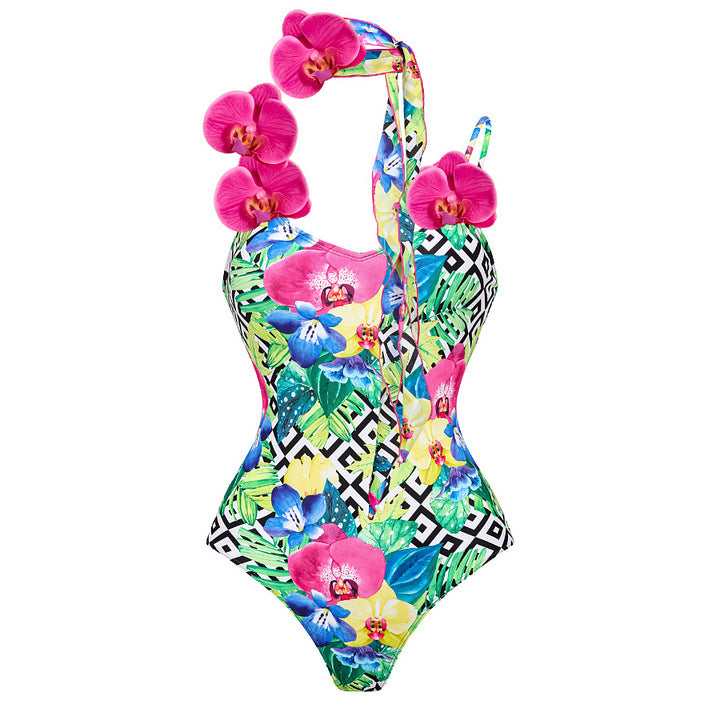 Floral Shoulder Strap Hollow Out Cutout Print One Piece Swimsuit Women Holiday