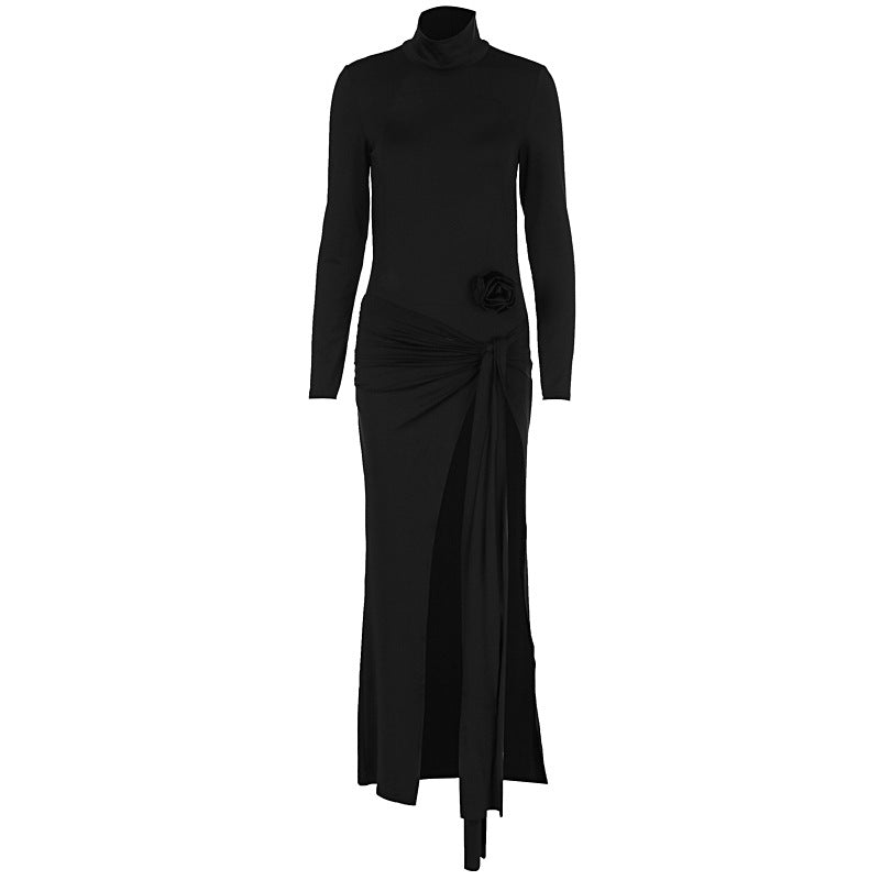 Autumn Women High Collar Backless Long Sleeves Jumpsuit Sexy Slit Dress