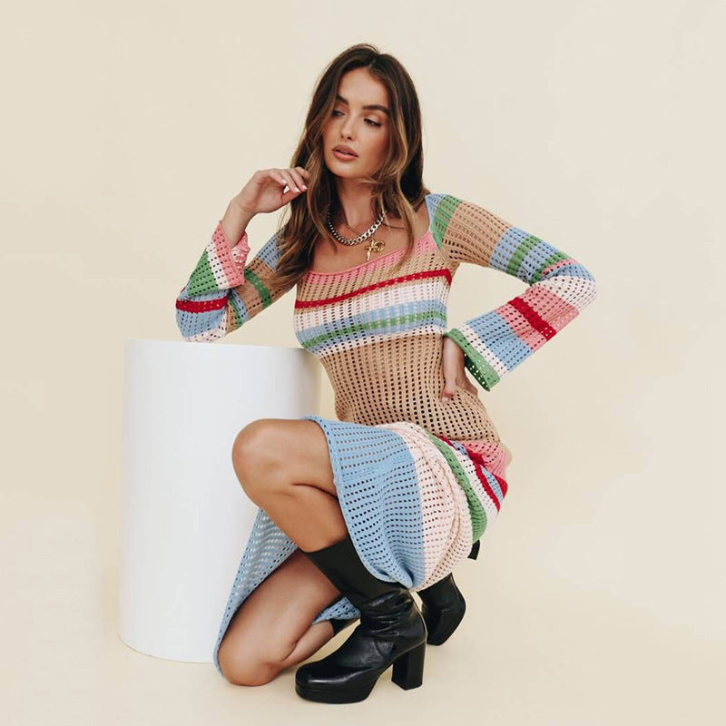 Autumn Mid-Length Dress Women Colorful Contrast Color U Collar Sexy Hollow Out Cutout Long-Sleeved Knitted Dress Women Crochet Crochet hook