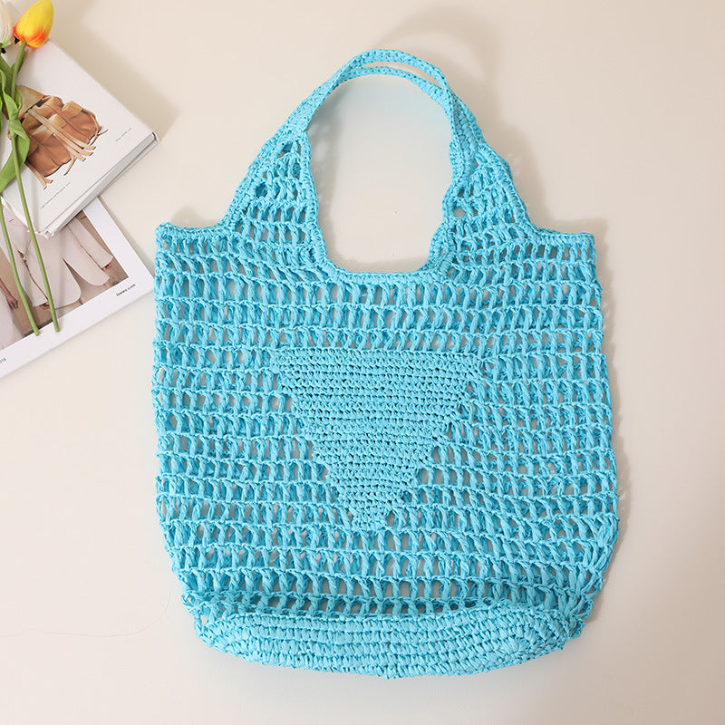Large Capacity Hollow Out Cutout Straw Bag Fresh Candy Color One Shoulder Tote Woven Bag Portable Women Beach Bag