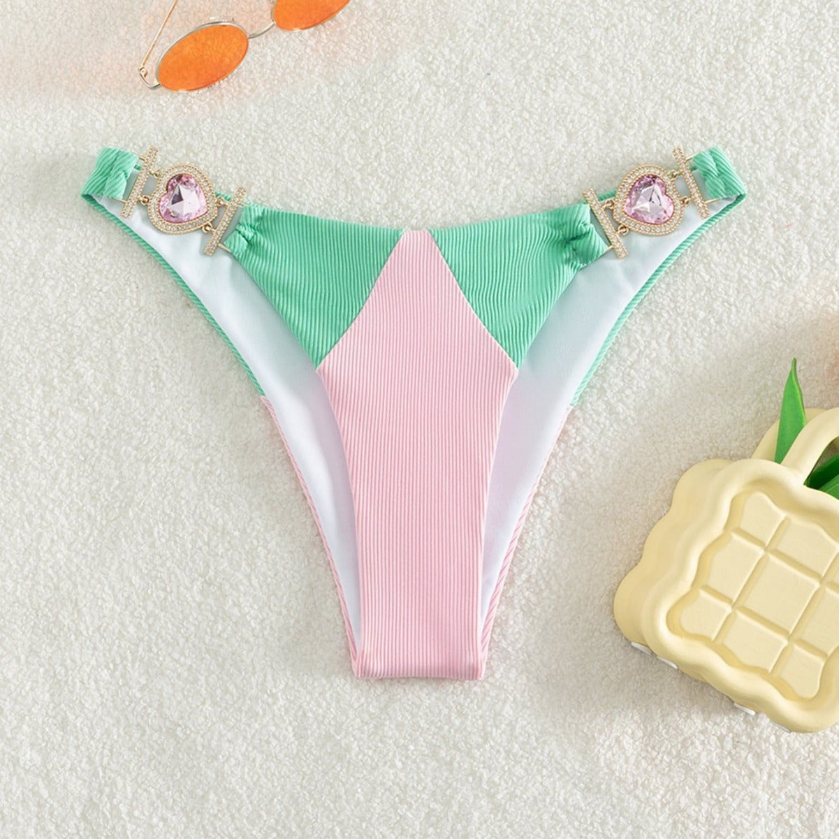 Color Matching Lace up Sunken Stripe High Waist Bikini Sexy Split Swimsuit