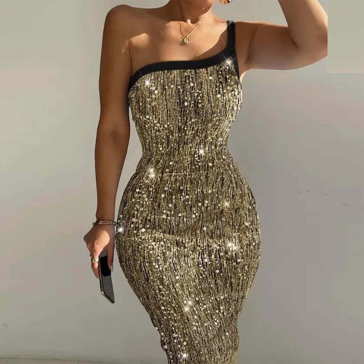 Women Clothing Sequin Retro Sexy One Shoulder Sling Backless Stretch Dress