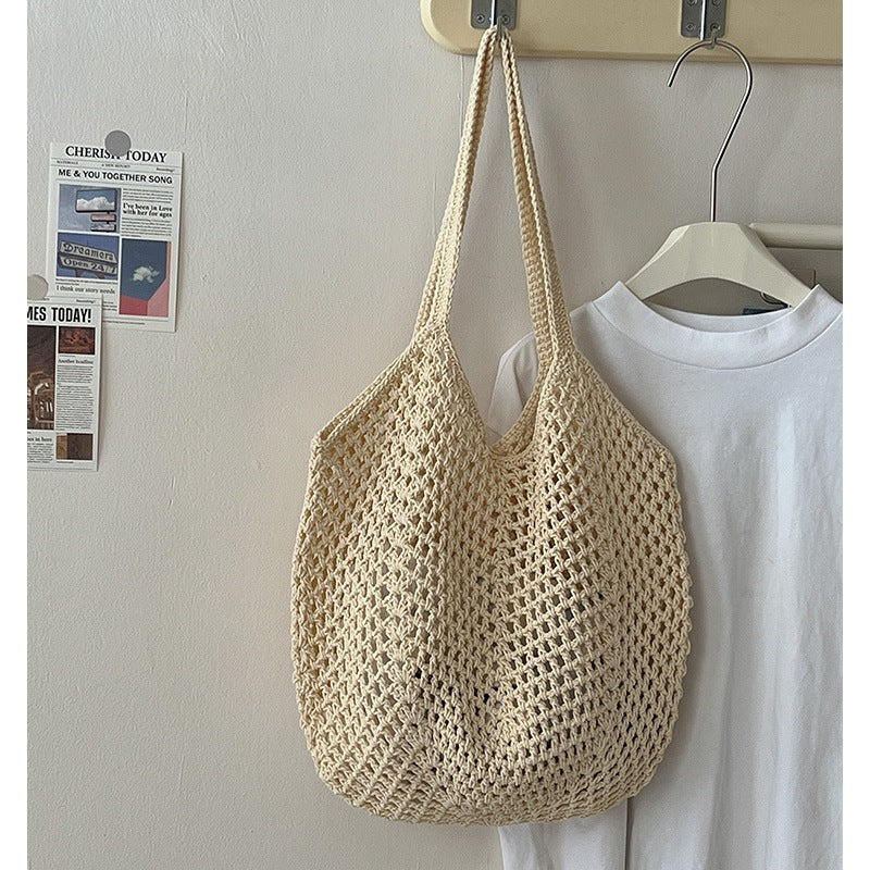 Casual Large Capacity Cotton Thread Woven Bag Hollow Out Cutout Straw Bag Idle Shoulder Bag Vacation Beach Bag Women Bag