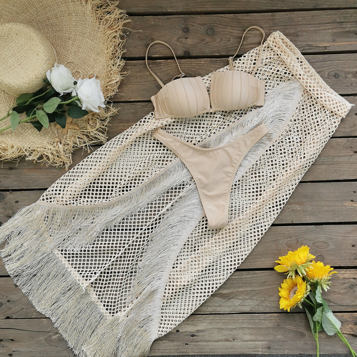 Bikini Half Length Tulle Skirt Tassel Three Piece Set Sexy Split Swimsuit Beach