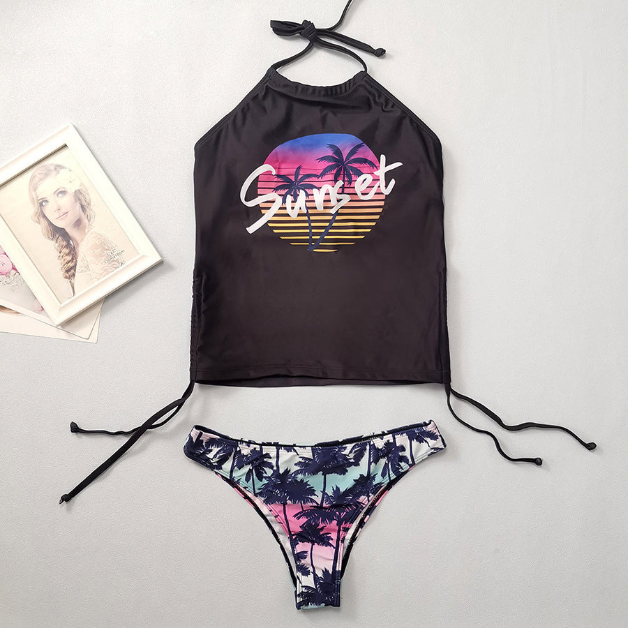 Coconut Tree Printed Lace up Swimsuit Conservative Belly Covering Women Bikini