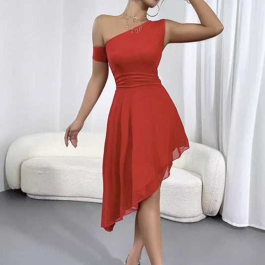 Women Clothing Solid Color Tube Top Dress Oblique Shoulder Design Backless Double Layer Mesh Sexy Dress