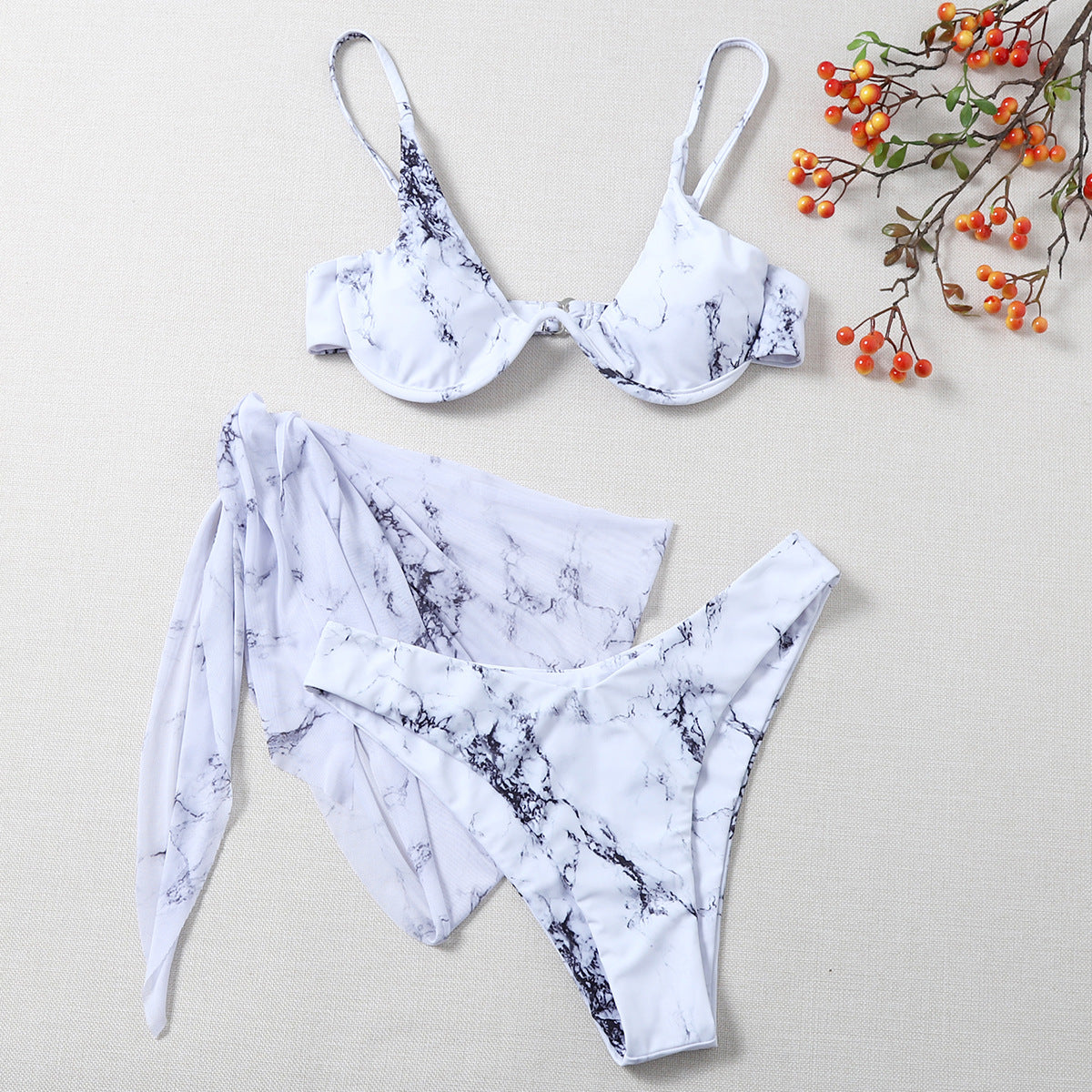 Marbling Printed Bikini Sexy Bikini Women Underwire Split Swimsuit