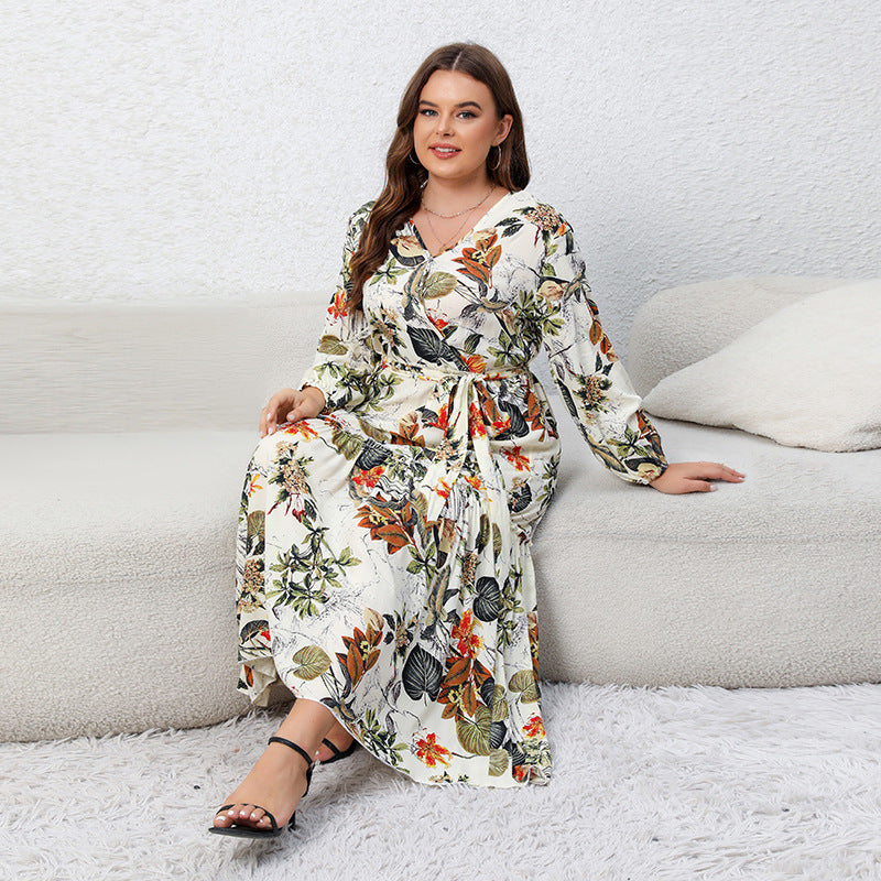 Plus Size Spring Dress Printed V neck Long Sleeve Floral Dress Loose Swing Dress