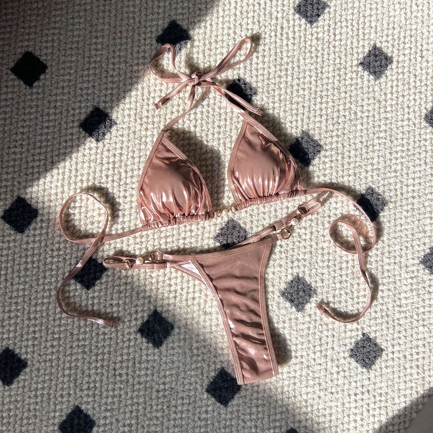 Sexy Glossy Pearl T Shaped Bikini Swimwear Swimsuit Bikini