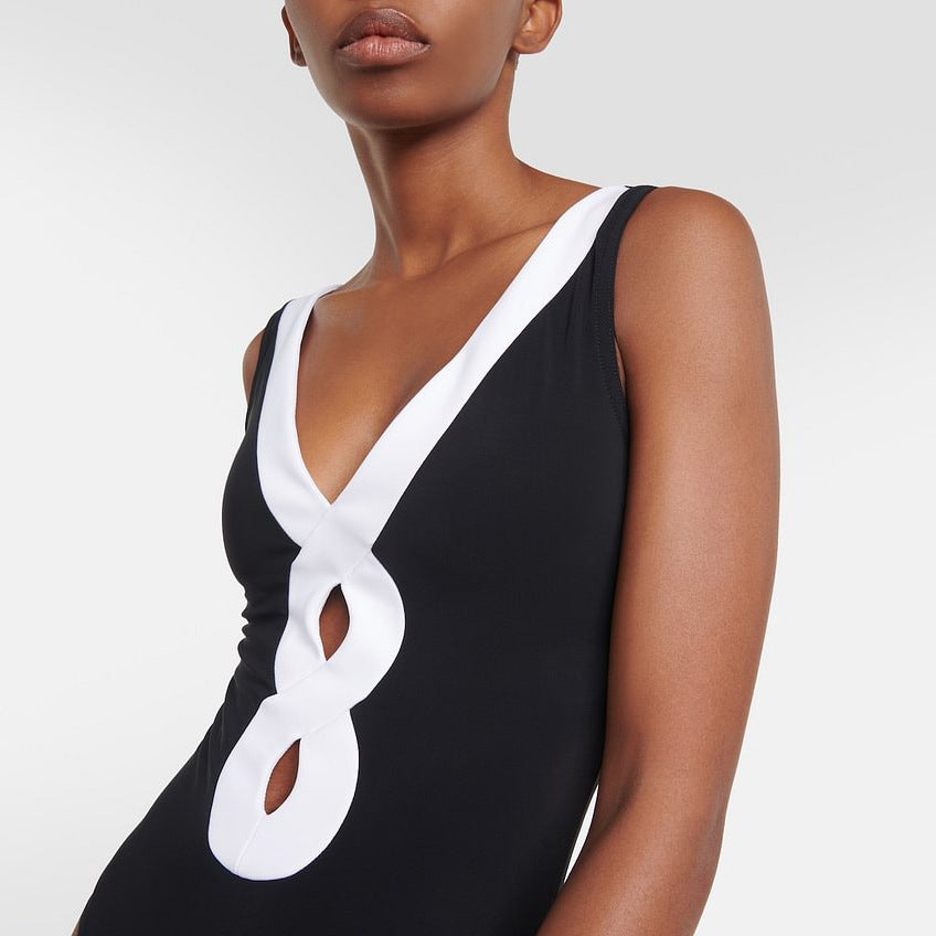 Black White Simple Hollow Out Cutout Out Swimsuit Women Skirt Set