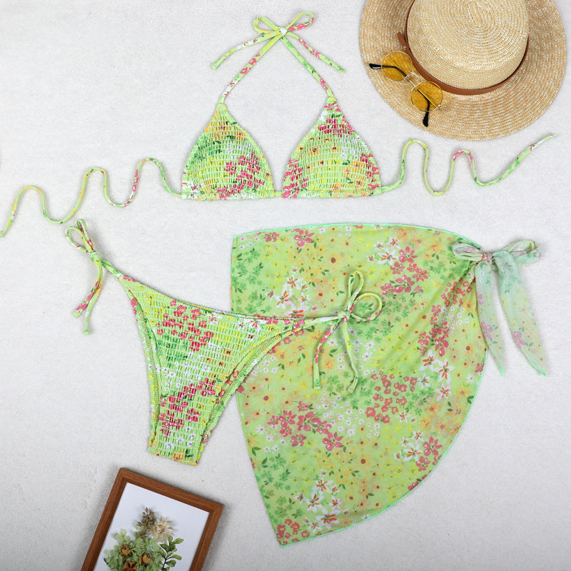 Printed Bikini Three Piece Gauze Skirt Split Sexy Vacation Bikini Swimsuit