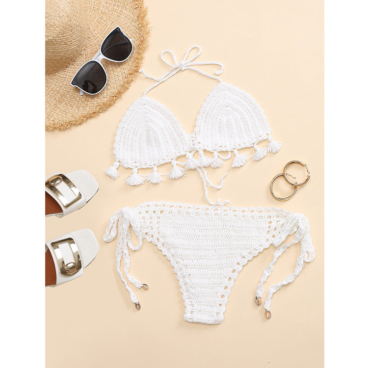 Beach Vacation Knitted Hand Crocheting Sexy Bikini Tassel Shell Strap Split Suit Multi-Color Optional Crochet hook