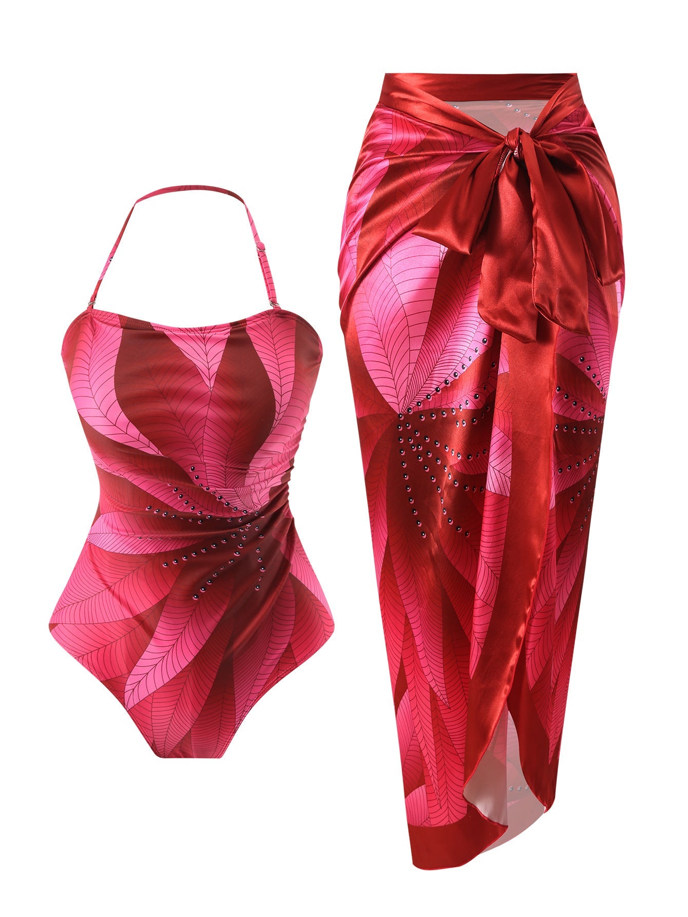 Conservative Swimsuit Digital Printed Belly Covered Halter Gauze Swimsuit for Women