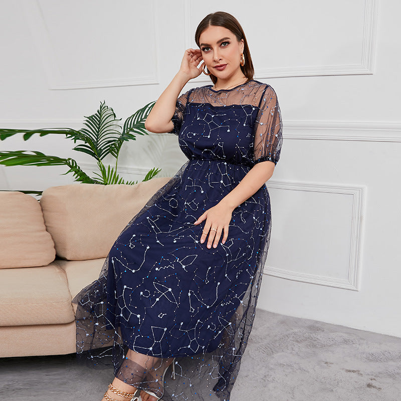 Plus Size New French Hepburn Dress Women Mesh Banquet Party Maxi Dress Prom Dresses