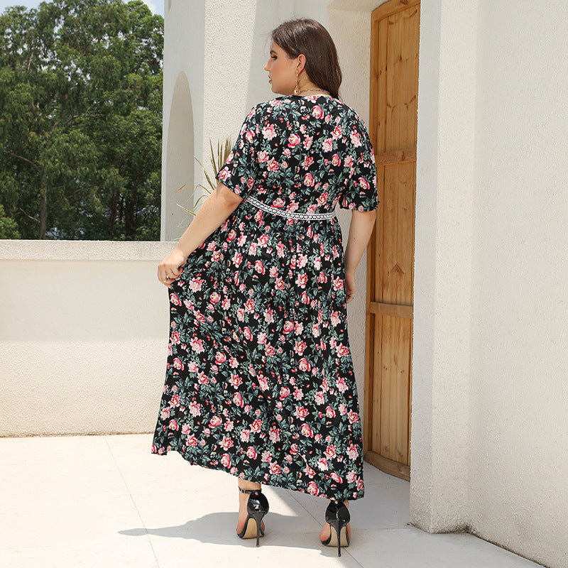 Robe imprimée grande taille à col en V et coutures en dentelle, robe ample à fleurs, robe de plage pour vacances