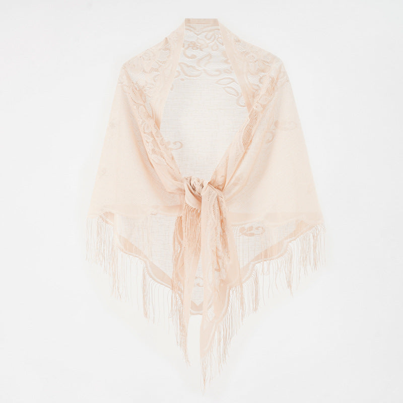Nylon Hollow Out Cutout out Monochrome Breathable Tassel Triangular Binder Shawl Women Scarf