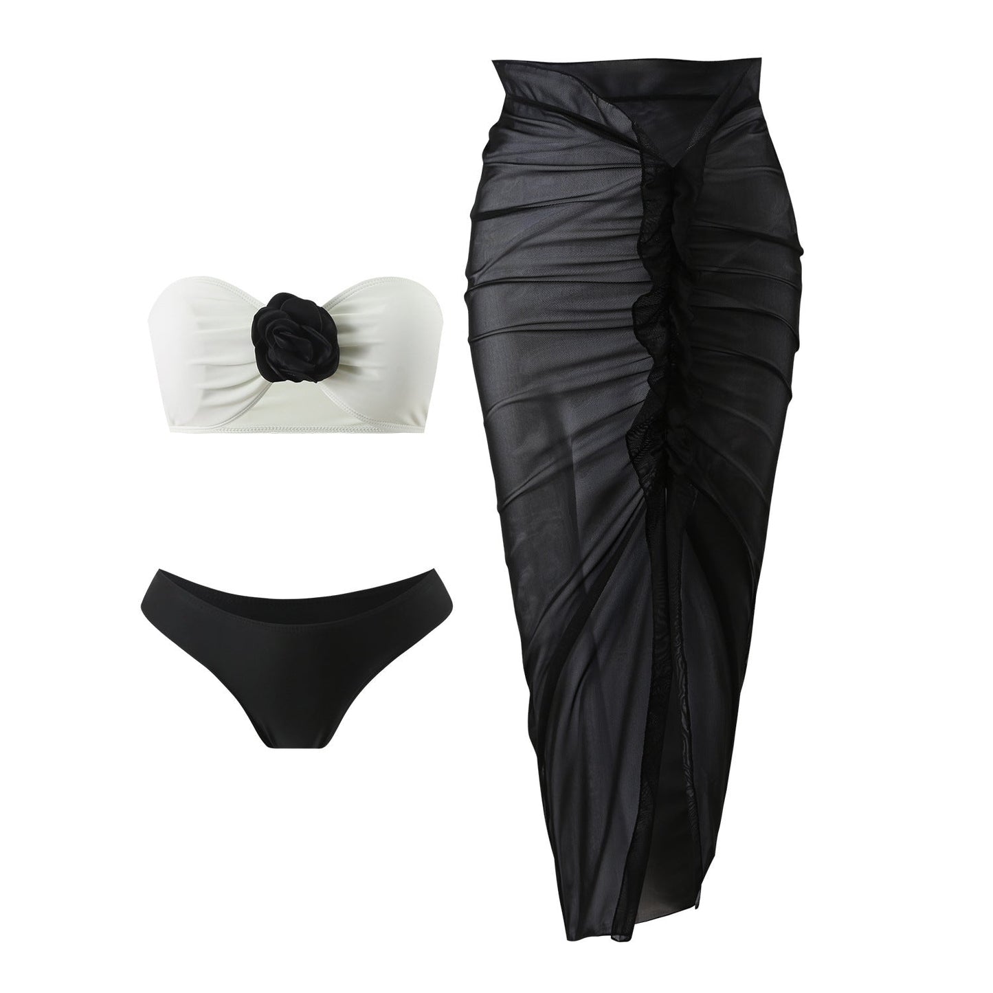 Color Matching Sexy Rose Three Piece Set Mesh Maxi Dress Swimwear Swimsuit Bikini