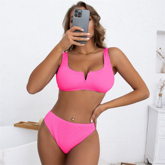 High Waist Split Bikini Sexy Solid Color Deep V Plunge Swimsuit Women