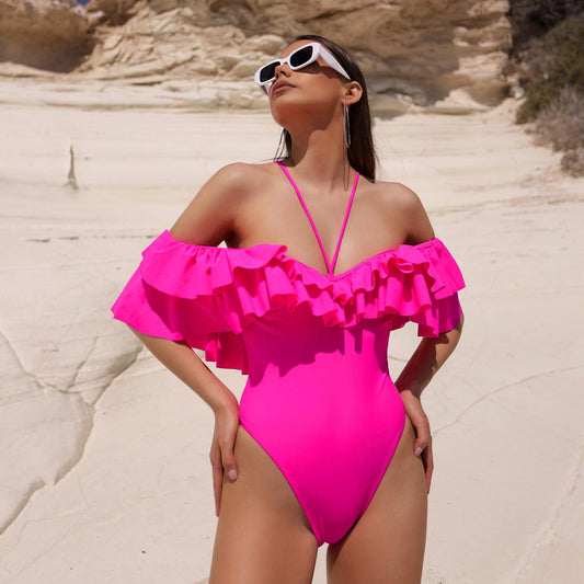 Solid Color Double Layer Ruffled Deep V Plunge Spaghetti Straps One Piece Swimsuit Women Swimsuit