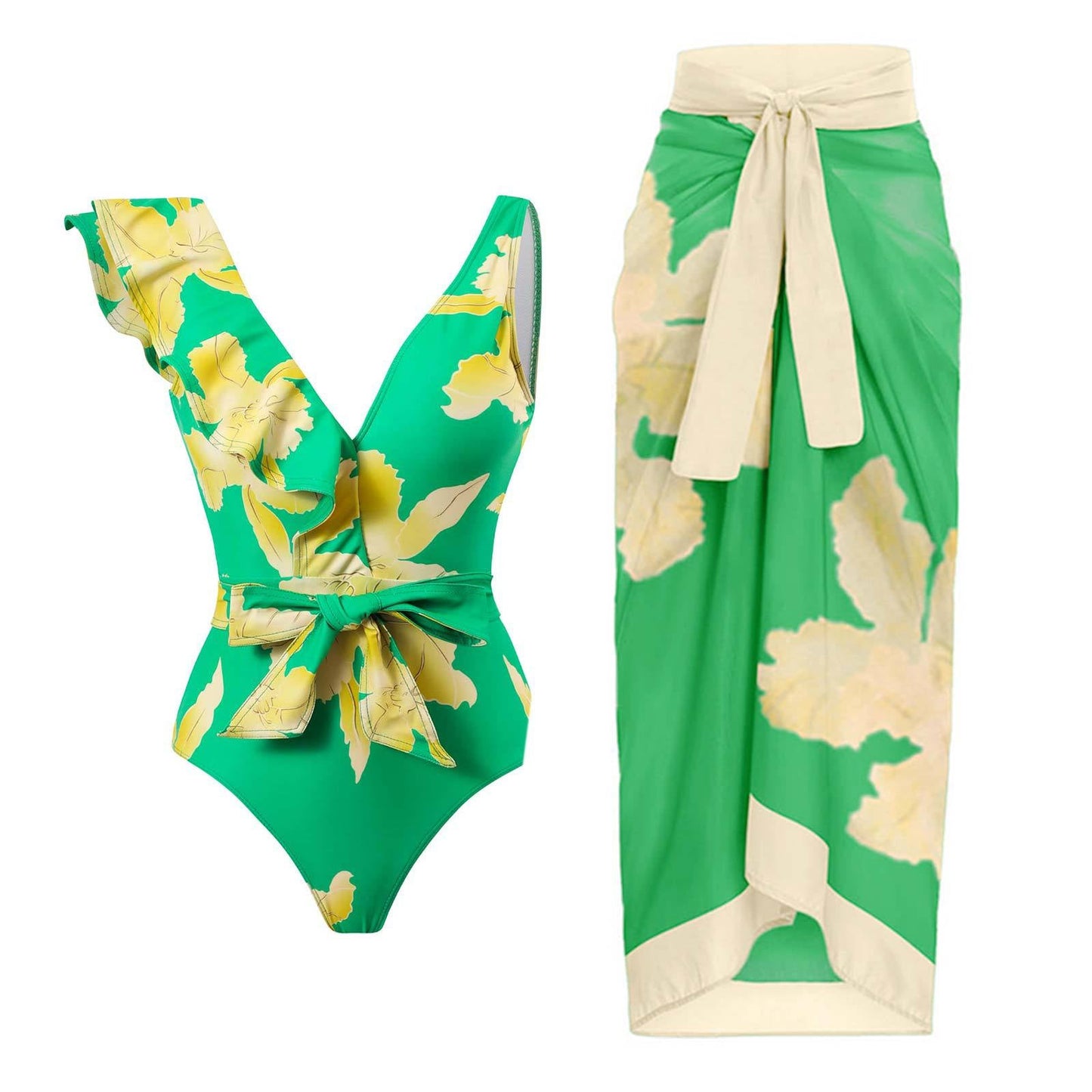 Sexy Swimsuit Women Vintage Ruffled Swimsuit Bikini Chiffon Beach Skirt Set