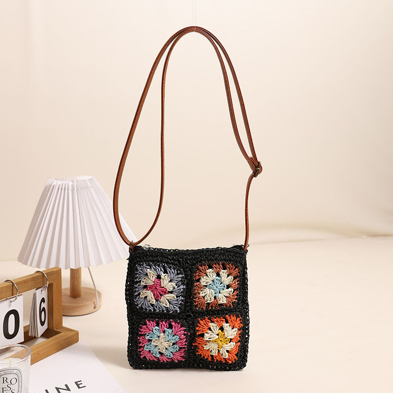 Hollow Out Cutout Floral Crossbody Straw Bag Retro Square Straw Bag Woven Bag Vacation Beach Bag All Match Shoulder Bag