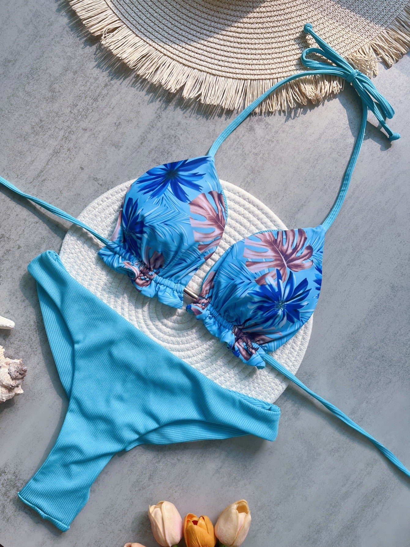 Bikini Rib Fabric Printed Sexy Backless Split Swimsuit Bikini