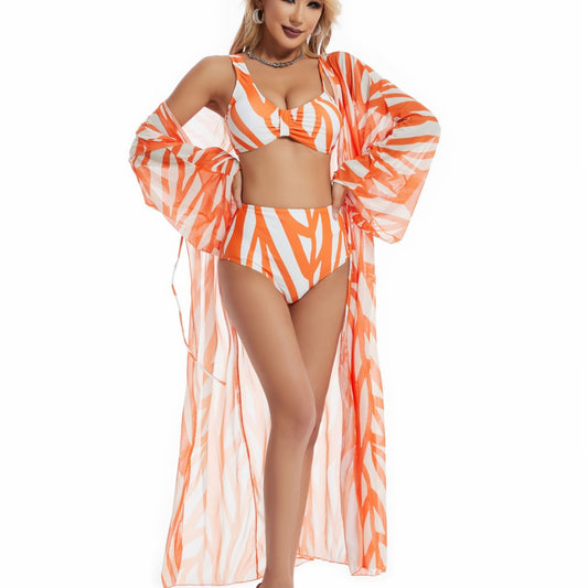 Three Piece Set Split Swimsuit Striped Printed Blouse Sun Protection Swimsuit
