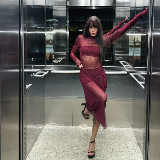 Sexy Half Turtleneck Slim Fit Mesh See through Drilling Dress Outerwear Cover up