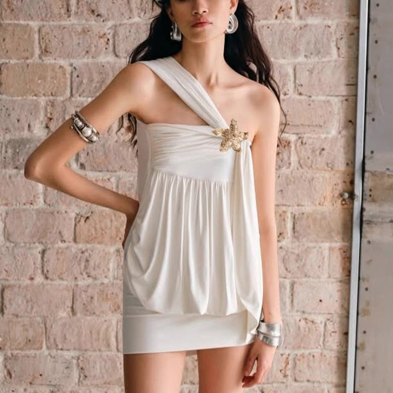 Women Clothing Summer Sexy Solid Color Oblique Shoulder Floral Chest Cover Hip Dress