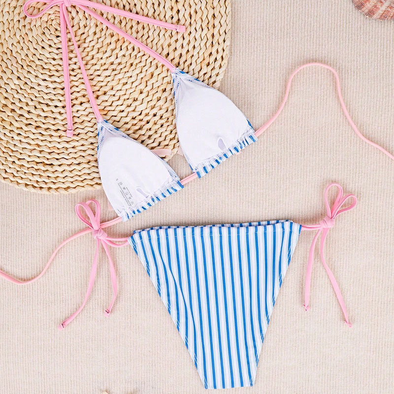 Women Sexy Backless Striped Bikini Deep V Plunge Three Point Bikini Split Swimsuit