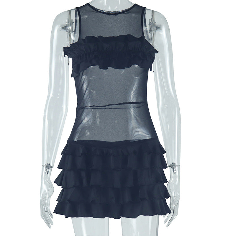 Women Clothing Solid Color Frillies Swing Hip Round Neck Sleeveless Sexy Dress