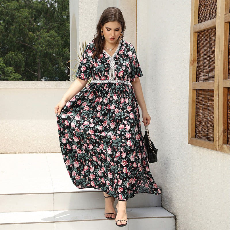 Plus Size V neck Printed Dress Lace Stitching Loose Floral Dress Beach Vacation Beach Dress
