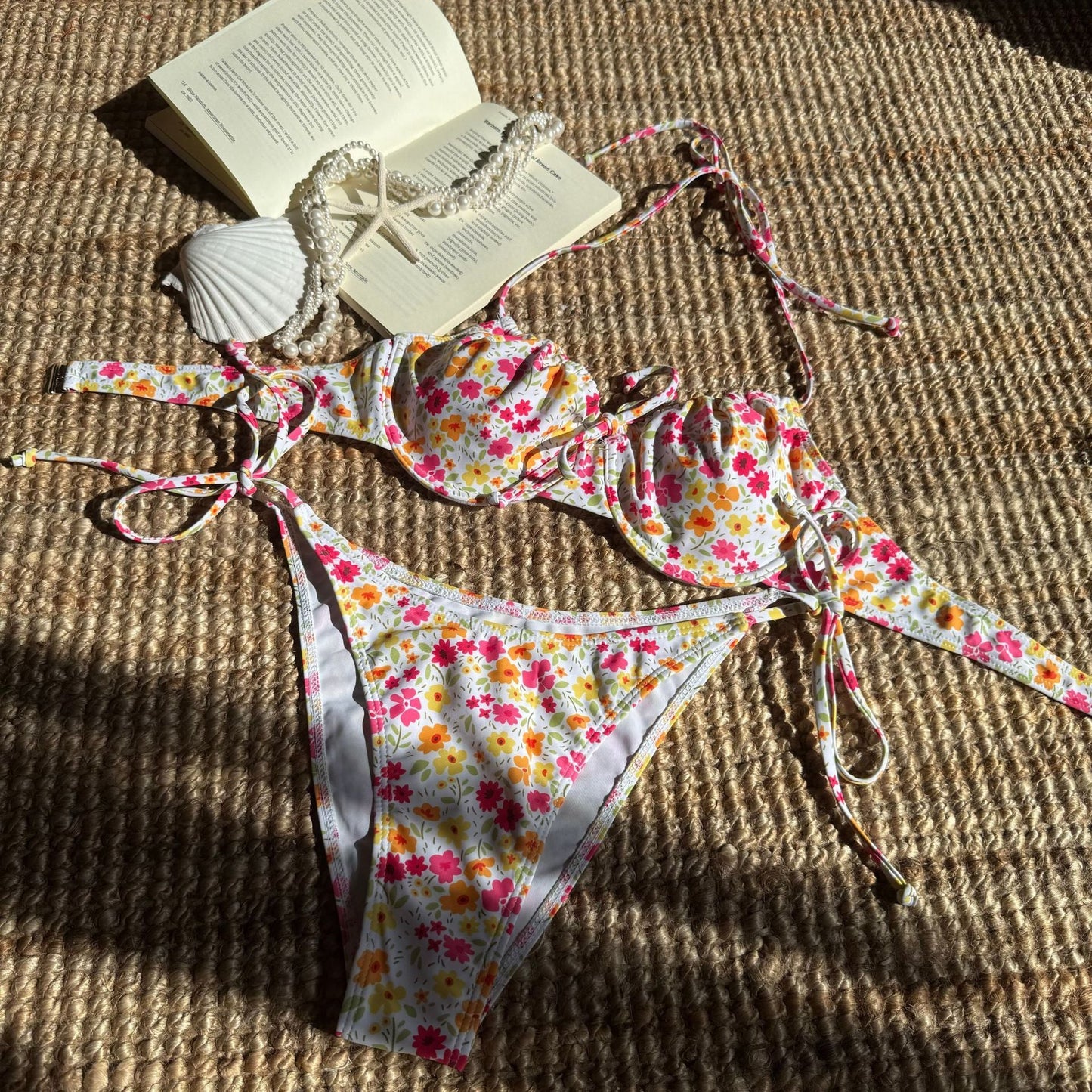 Fresh Floral Printed Sexy Banded Bikini Split Swimsuit Bikini