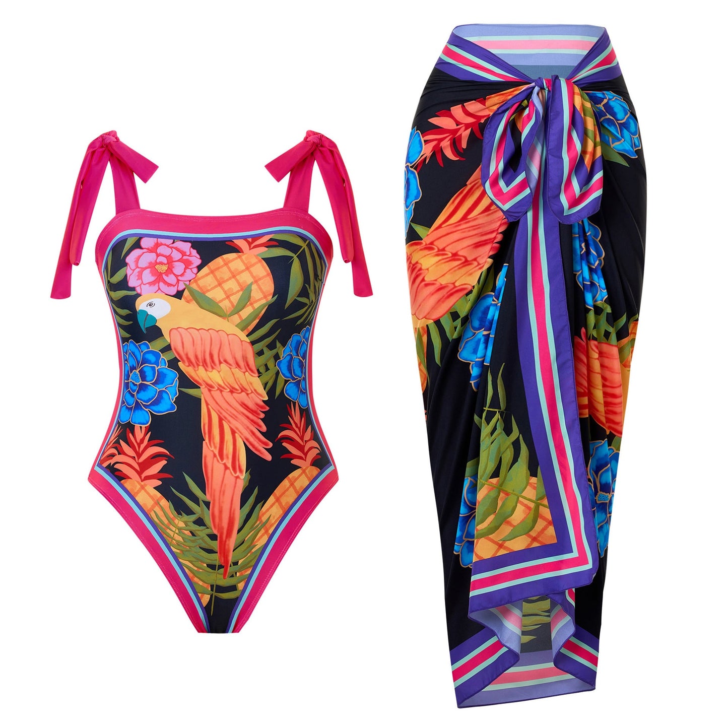 Products Retro Printed Swimsuit Women Conservative One Piece Chiffon Two Piece Sets Blouse Swimsuit Outfit