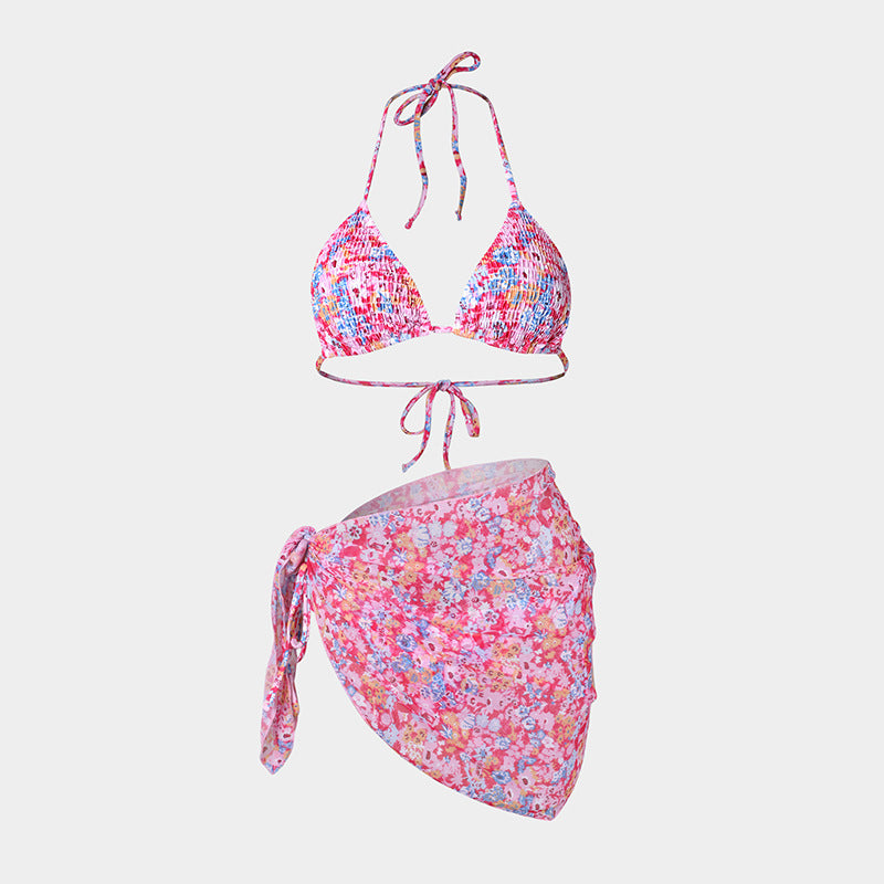Printed Bikini Three Piece Gauze Skirt Split Sexy Vacation Bikini Swimsuit