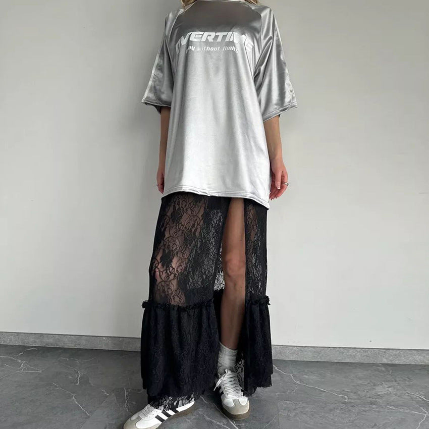 Sexy Black Brocade Lace Strap Maxi Dress Stitching Hollow Out Cutout out See through Dress