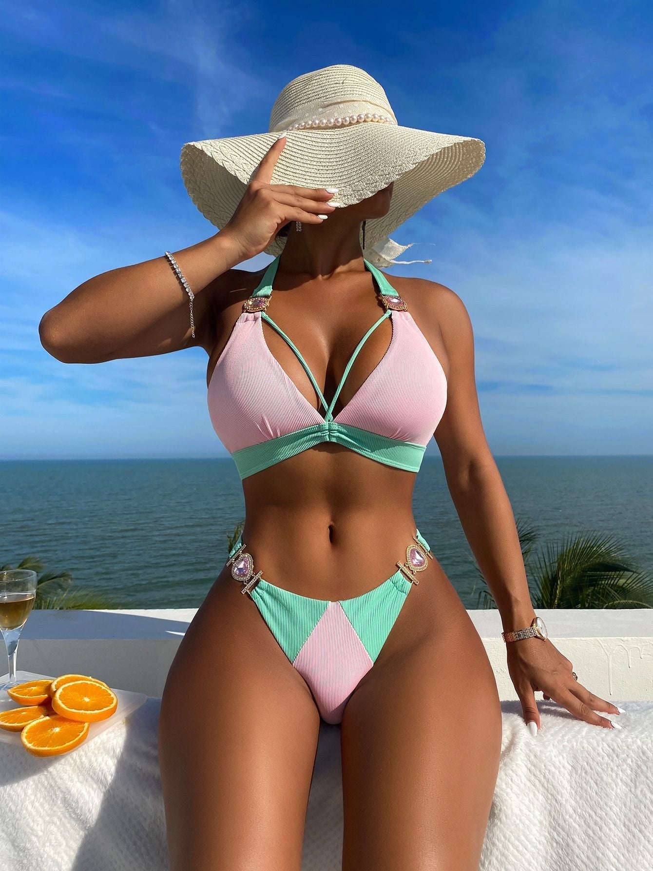 Color Matching Lace up Sunken Stripe High Waist Bikini Sexy Split Swimsuit