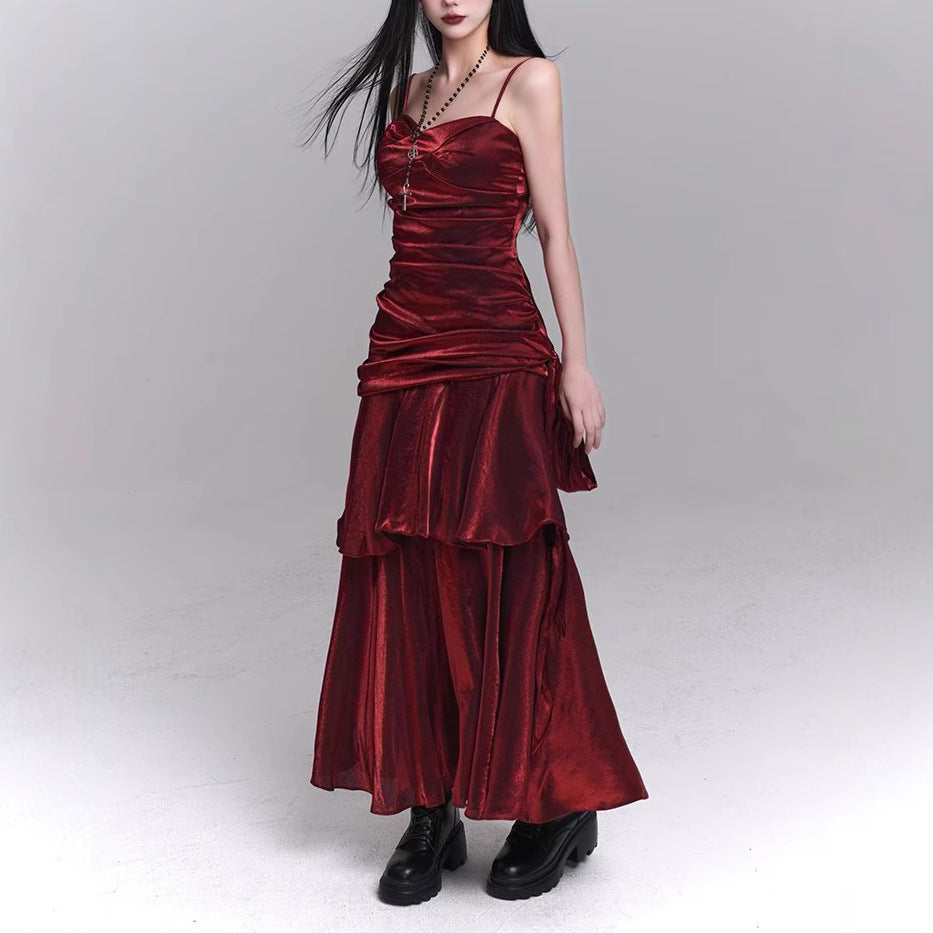 Dark Red Suspenders Dress Concert Birthday Dress High Grade Party Little Dress