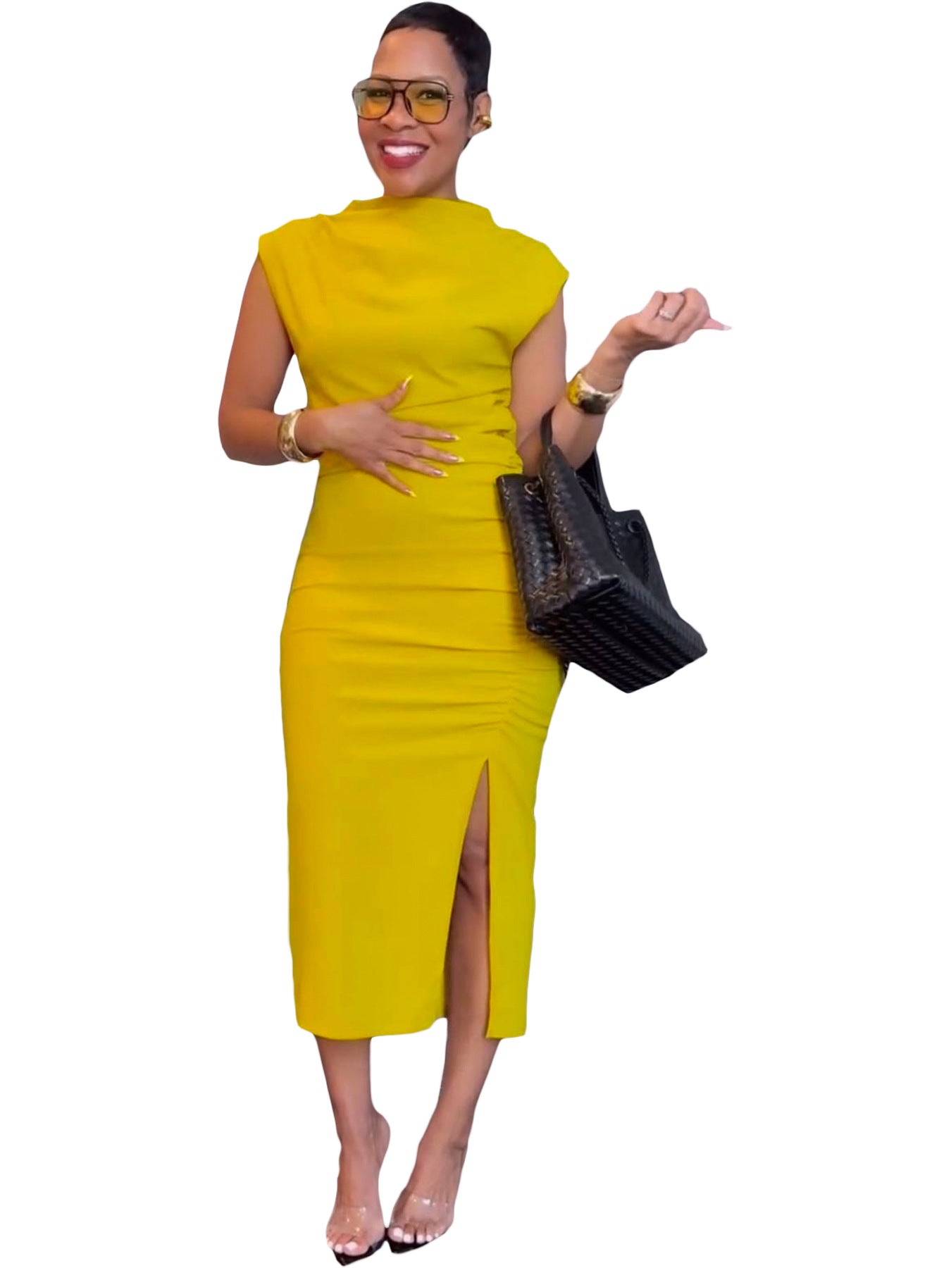 Women Clothing Solid Color Slim Fit Sheath Slit Mid Length Dress
