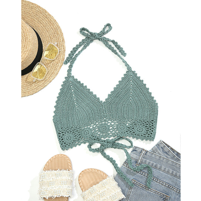 Hand Crocheting Knitted Strap Halter Bikini Top Beach Sexy Backless Bra Swimsuit Crochet hook
