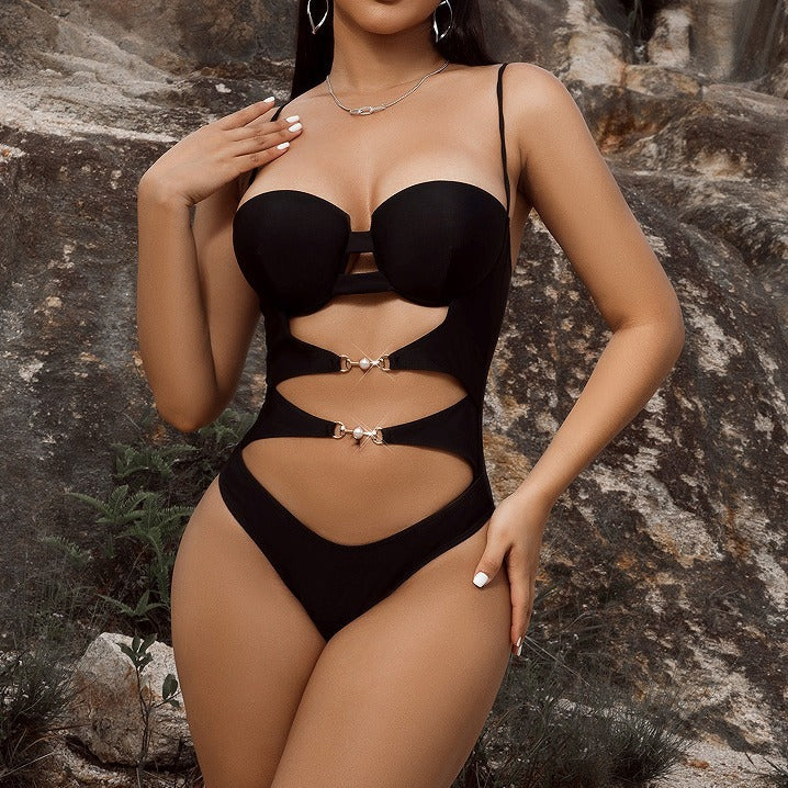 Women One Piece Bikini Bikini Solid Color Hollow Out Cutout out Strap One Piece Swimsuit