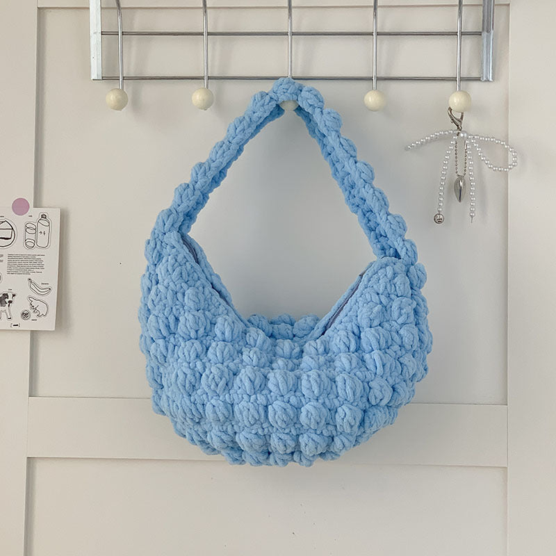 Cute Portable Beanie Straw Bag Handmade Crocheted Solid Color Hand Carrying Woven Bag Women Seaside Vacation Beach Bag