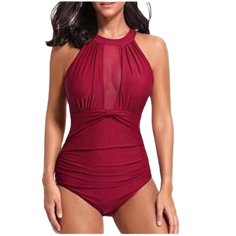 Ladies Swimsuit Chest Mesh Stitching Pleating Craft One Piece Swimsuit Bikini